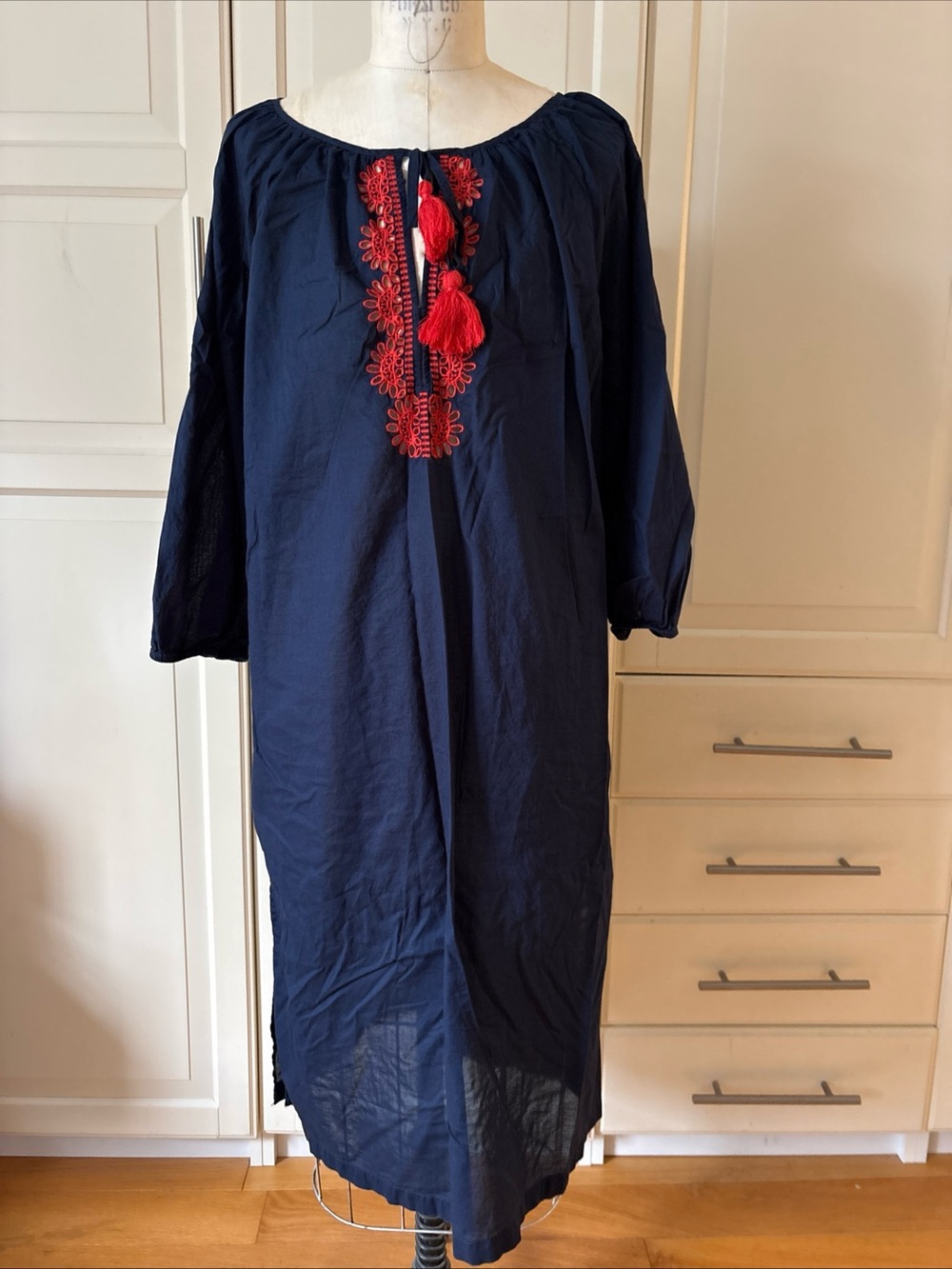 J crew kaftan light weight blue dress large embroidered
